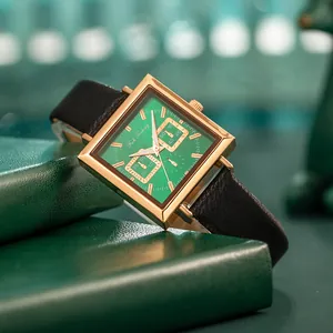 Vintage green dial square watch with gold case and black leather strap for women