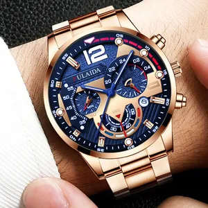 Herren Business-Sportuhr mit blauem Chronographenblatt und goldenem Edelstahlarmband