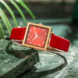 Elegant women's square quartz watch with red leather strap and rose gold case