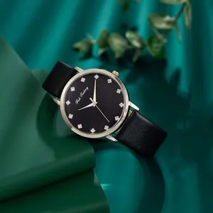 Damen-Quarzuhr mit schwarzem Lederarmband und glitzerndem Zifferblatt mit Kristallen