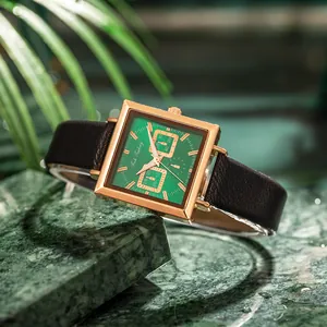 Elegant ladies quartz watch with square rose gold case, green dial and black leather strap