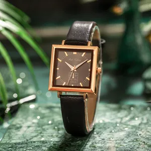 Square rose gold women's watch with black leather strap and dark grey dial