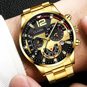 Luxus Herrenuhr aus goldfarbenem Edelstahl mit schwarzem Zifferblatt und Chronograph