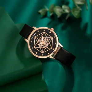 Damenarmbanduhr mit roségoldenem Geometrie-Zifferblatt und schwarzem Lederarmband