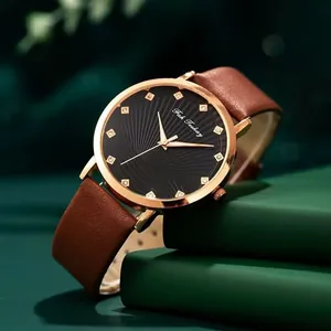 Damen-Quarzuhr mit roségoldenem Gehäuse, schwarzem Zifferblatt und braunem Lederarmband