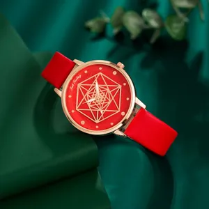 Elegante Damenarmbanduhr mit rotem Lederband und roségoldenem Zifferblatt-Design