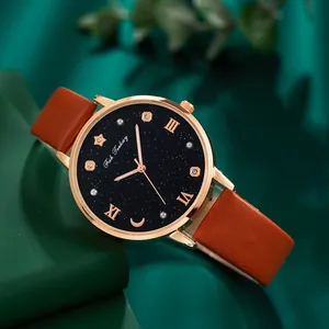 Reloj de Cuarzo para Mujer Cielo Estrellado Caja de Aleación Oro Rosa Esfera con Diamantes de Imitación y Números Romanos Correa de Piel Sintética Reloj de Pulsera Casual