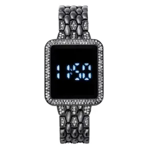 Fashionable LED touch screen square watch for women with rhinestone inlay and metal band