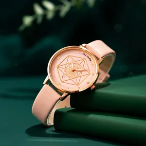 Damenquarzuhr mit rosa Lederarmband und roségoldenem geometrischem Musterzifferblatt