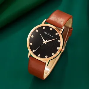 Elegante Damen Quarzuhr mit Roségold Gehäuse, schwarzem Zifferblatt und braunem Lederband