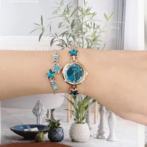 Fashion Women Star Watch And Bracelet Set Rose Gold Alloy Strap Blue Dial Minimalist Quartz Wristwatch For Ladies Jewelry