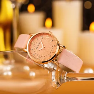 Orologio donna chic con quadrante a motivo globo oro rosa e cinturino in pelle rosa