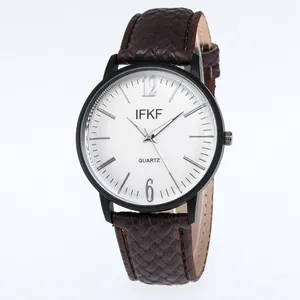 Minimalist men's business quartz watch with brown leather strap and white striped dial