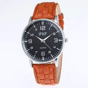 Men's fashion quartz watch with orange leather strap and black textured dial display