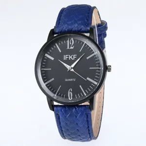 Business quartz watch with black dial, blue leather strap, and silver Arabic numerals