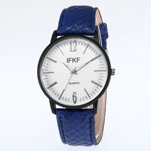 Minimalist quartz watch with black case, white dial, and blue leather strap on white background