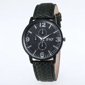 Business-Casual-Herrenuhr mit schwarzem Zifferblatt, grünem Lederband und IFKF-Logo