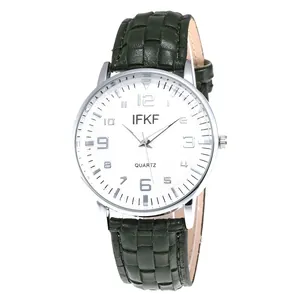 Men's fashion quartz watch with dark green leather strap and silver metal case