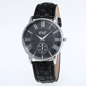 Classic men's black quartz watch with Roman numerals and textured leather strap