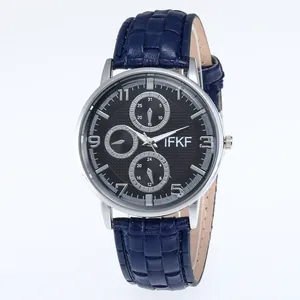 Men's fashion business watch with blue leather strap and black triple-eye dial display