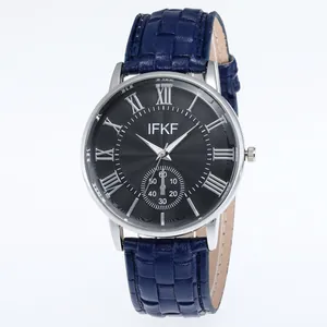 Classic men's quartz watch with dark blue textured leather strap and roman numeral dial