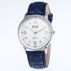 Classic men's business quartz watch with silver numeral dial and navy blue leather strap