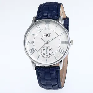 Classic silver business watch for men with white Roman dial and blue woven strap