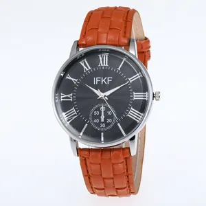 Business casual men's watch with black Roman dial and orange embossed leather strap
