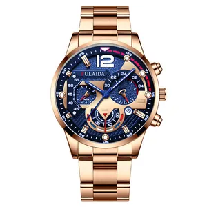 Orologio cronografo da uomo con cinturino in acciaio oro rosa e quadrante blu e data