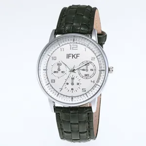 Business fashion watch with white textured dial, silver alloy case and green leather strap