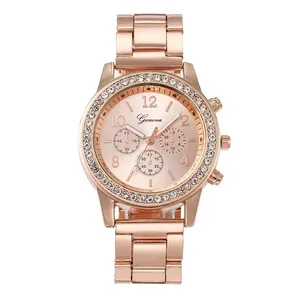Women's rose gold Geneva quartz watch with rhinestone bezel and metal link bracelet