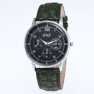 Business casual men's watch with black chronograph dial and green leather strap