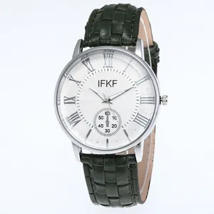 Classic men's business quartz watch with white Roman dial and green leather strap
