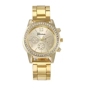 Elegant gold Geneva quartz watch for women with rhinestone bezel and metal link bracelet
