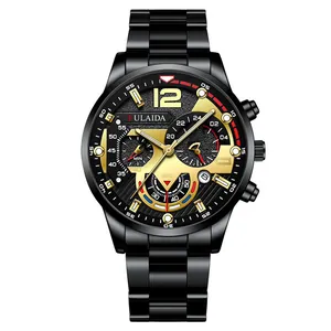 Fulaida men's chronograph watch with black stainless steel band and gold accents