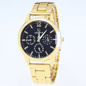 Classic gold stainless steel men's watch with black multi-functional dial on white background
