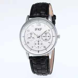 Business men's watch with white honeycomb dial, black leather strap and silver case