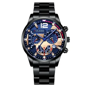 Men's quartz sport watch with black steel strap, blue matte dial and golden details