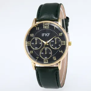 Business casual men's watch with green leather strap, black textured dial and gold case