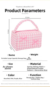 Detail of pink gingham quilted cosmetic bag featuring ribbon accent and soft fabric