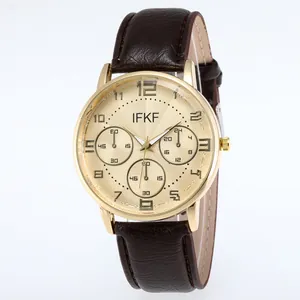 Classic men's business quartz watch with gold metal case and brown leather strap
