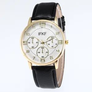 Classic men's quartz watch with gold case, textured white dial and black leather strap