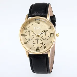 Classic men's business quartz watch with gold sunray dial and black leather strap