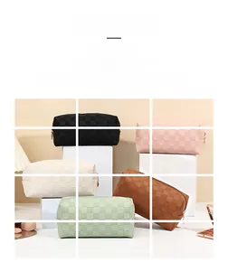 Detailed collection of checkered PU leather cosmetic bags in various pastel colors