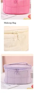 Detailed close-up of quilted makeup bags with dual zippers and top handles in pastel colors