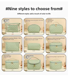Size chart showing dimensions and weights for various sage green checkered cosmetic bags