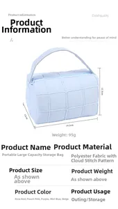 Detailed size specifications for the blue quilted cloud-pattern vanity travel bag