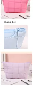 Detailed macro view of quilted makeup bags with zip closure in macaron colors