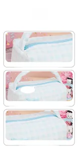 Detail view of the quilted check makeup bag showing lace edges and high-quality zipper