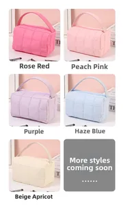Detailed grid view of quilted makeup bags in rose, peach, purple, blue, and apricot colors